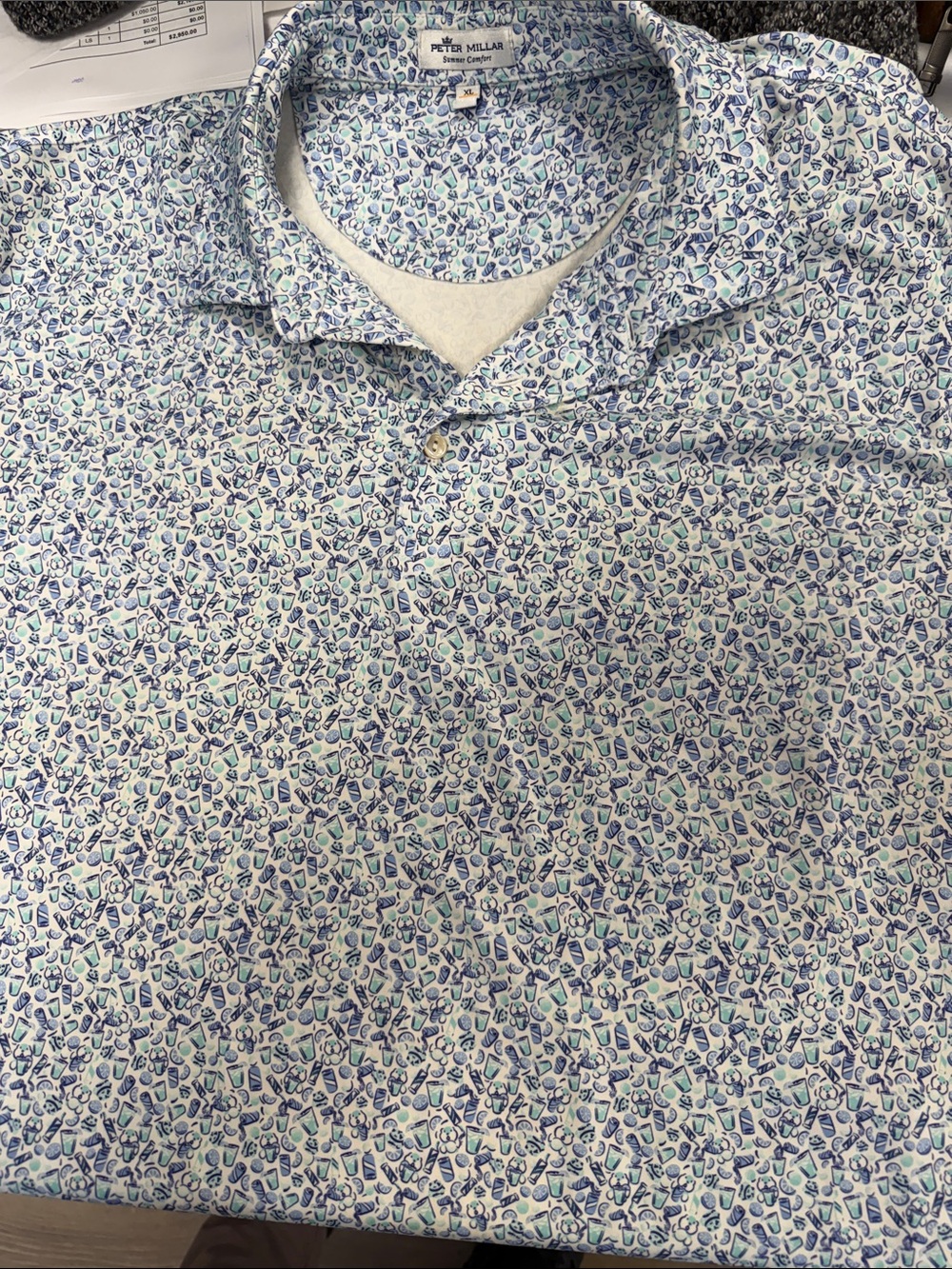Peter Millar White Polo with Blue and Teal Micro Print